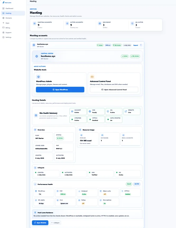 Shared Host Luma WordPress hosting controls; not an AI Hosting application screen